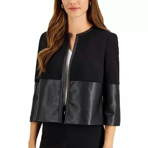 Super chic Kasper Petite Faux-Leather Mixed-Media Open Front Jacket